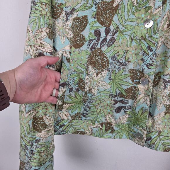Statements‎ Green Brown Leaf Floral Linen Lightweight Jacket Size Large Tropical - Picture 3 of 8